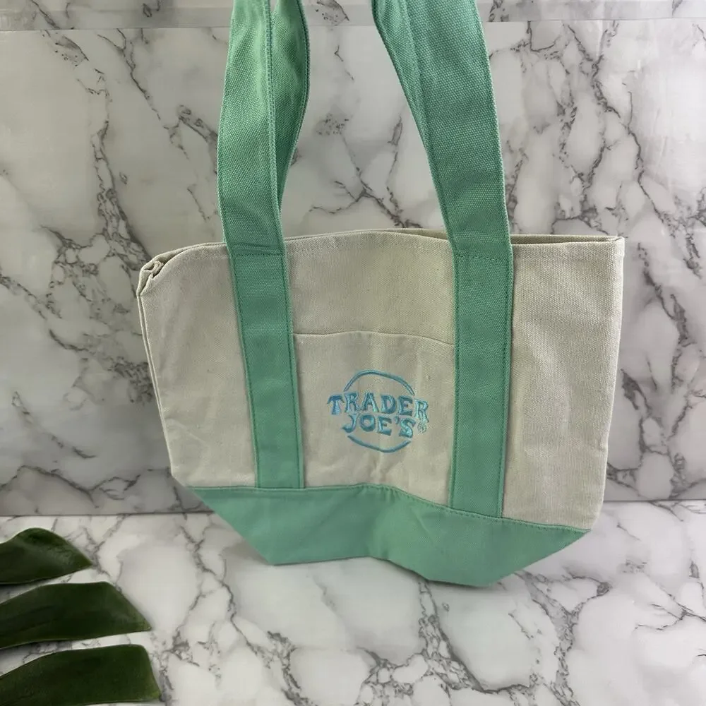 Trader Joes Mini Pastel Canvas Tote Bag Set of 2 New Blue Mint Green Embroidered